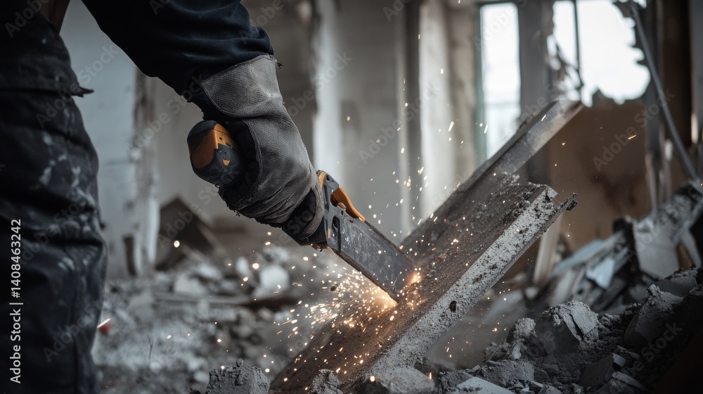 Demolition worker cutting through a steel beam with a torch. Featuring controlled precision and power Demolition worker cutting through a steel beam with a torch. Featuring controlled precision and power