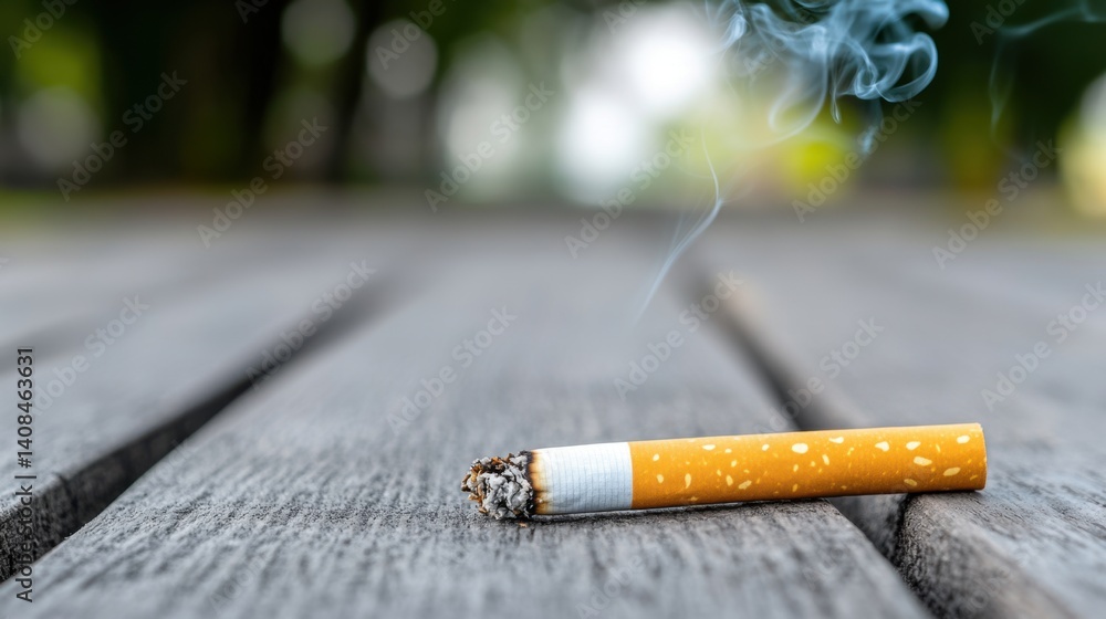 Close Up of Cigarette on Wooden Surface with Smoke Rising in Natural Outdoor Setting
