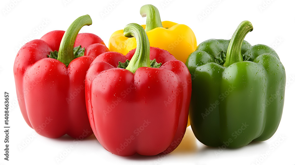 Four peppers of different colors are arranged in a row. The peppers are red, yellow, green, and purple Four peppers of different colors are arranged in a row. The peppers are red, yellow, green, and purple