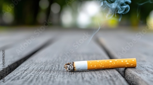 Obraz na płótnie Close Up of Cigarette on Wooden Surface with Smoke Rising in Natural Outdoor Setting w salonie