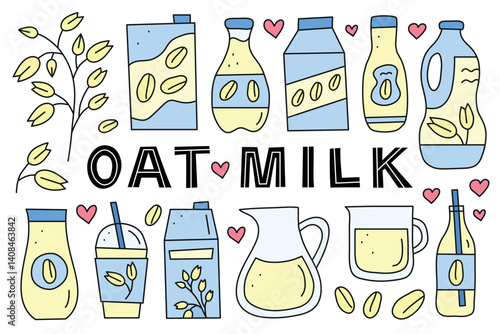 Set of doodle colored oat milk isolated on white background. Plant based alternative beverages. Vegan calcium sources. Healthy nutrition.