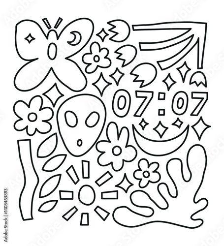 Minimalist boho aesthetic collage illustration with abstract geometric shapes inspired by Matisse style. Angelic numerology. Happiest signs. Esoteric poster. Doodle outline elements.