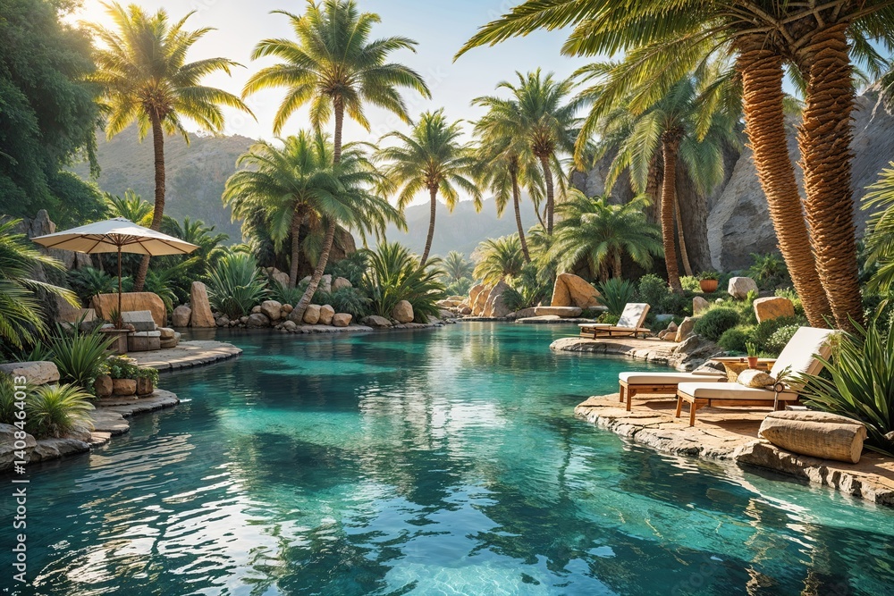 Fototapeta premium Serene Oasis Background with Palm Trees and Water for Relaxing Retreat