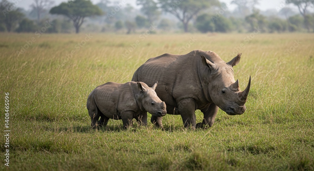 Fototapeta premium Endangered rhinos graze in the wild savannah