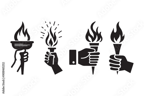 Hand Holding Torch Icon Set Flame Symbol Silhouettes for Logos and Designs
