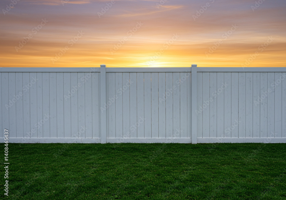 Obraz premium White Fence in Green Field at Vibrant Sunset