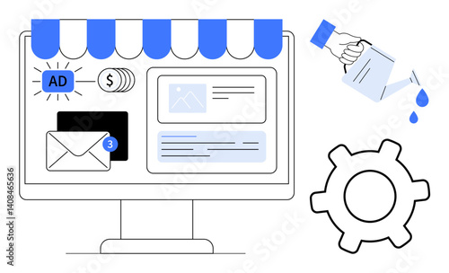 Desktop screen with ad, email, currency, growth, and settings icon. Growth watering can symbolizing nurturing efforts. Ideal for marketing, ecommerce growth tech finance strategy support. Flat