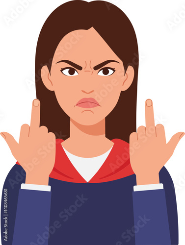 A young woman with a stern expression and raised middle fingers in a flat illustration style expressing defiance and attitude in vibrant vector art