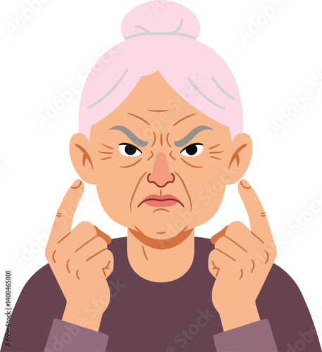 Angry elderly woman with a frown and raised fingers in a flat vector illustration showcasing frustration and displeasure in a minimal design style