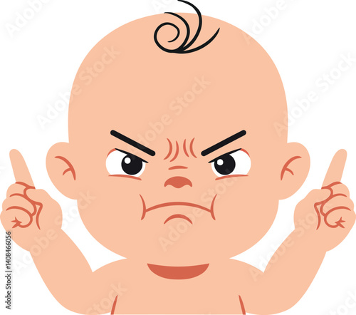 Cute baby with a furrowed brow and raised hands in a flat cartoon style vector art