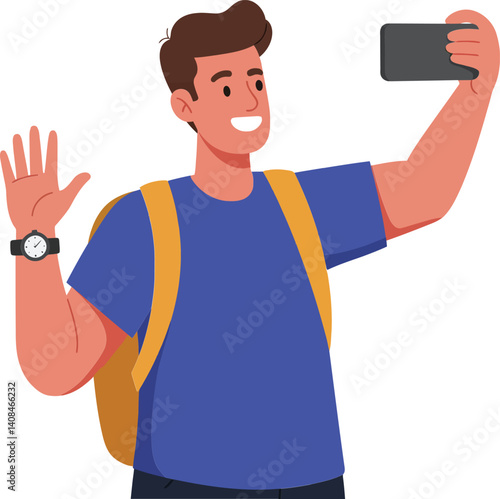 Cheerful young man taking a selfie with a smartphone in a bright, minimalist design style, showcasing excitement and joy in vector illustration