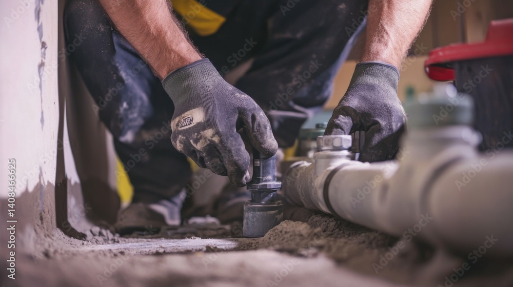 Plumber installing a drainage system under the house. Featuring expertise and precision Plumber installing a drainage system under the house. Featuring expertise and precision