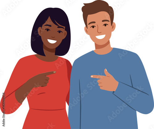 Two smiling friends pointing towards each other in a cheerful flat vector illustration showcasing friendship and positivity