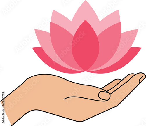 A gentle hand cradling a vibrant pink lotus flower in a minimal flat design vector illustration