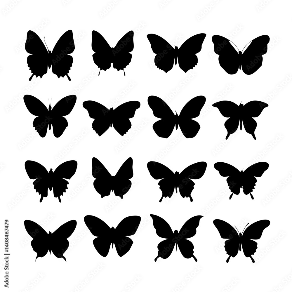 Set of butterflies, ink silhouettes. Glowworms, fireflies and butterflies icons isolated on transparent background. Hand drawn elements, Vector illustration. Set of butterflies, ink silhouettes. Glowworms, fireflies and butterflies icons isolated on transparent background. Hand drawn elements, Vector illustration.