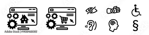 Symbole Icons für das BFSG - Barrierefreiheitsstärkungsgesetz als Vektor Grafik mit Icons für Webseite, Behinderung, Seheinschränkung, Höreinschränkung, Bewegungseinschränkung und Denkeinschränkung