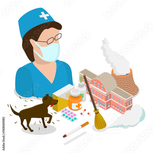 3D Isometric Flat Vector Illustration of Bronchial Asthma, Inhalation Medicine. Item 3