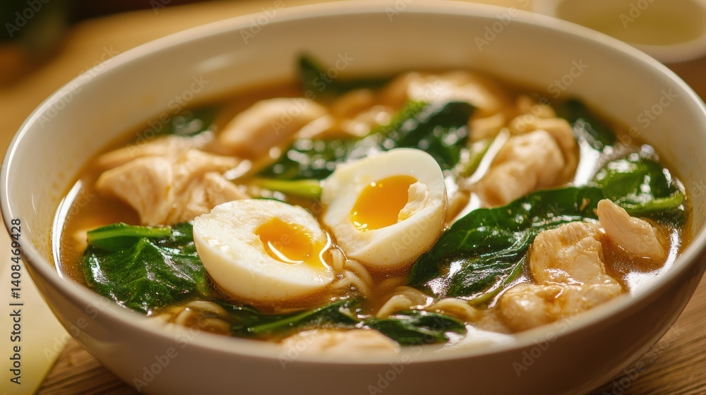 Ramen Noodle Soup with Spinach, Chicken and Soft Egg Ramen Noodle Soup with Spinach, Chicken and Soft Egg
