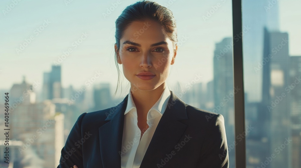 Portrait of a young and attractive businesswoman in a modern office with panoramic city views in the background, symbolizing success, leadership, and urban professionalism Portrait of a young and attractive businesswoman in a modern office with panoramic city views in the background, symbolizing success, leadership, and urban professionalism