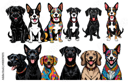 beautiful dogs breeds with geometric and pop-art styles, happy animals vector designs for dog lover isolated on white background


