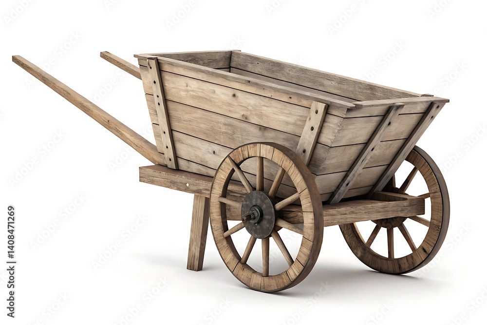 Wooden cart isolated on white background, rustic wagon Wooden cart isolated on white background, rustic wagon