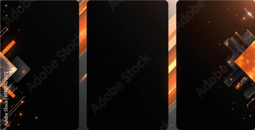 Foto A sleek, high-contrast, black abstract vertical banner set featuring vibrant ora