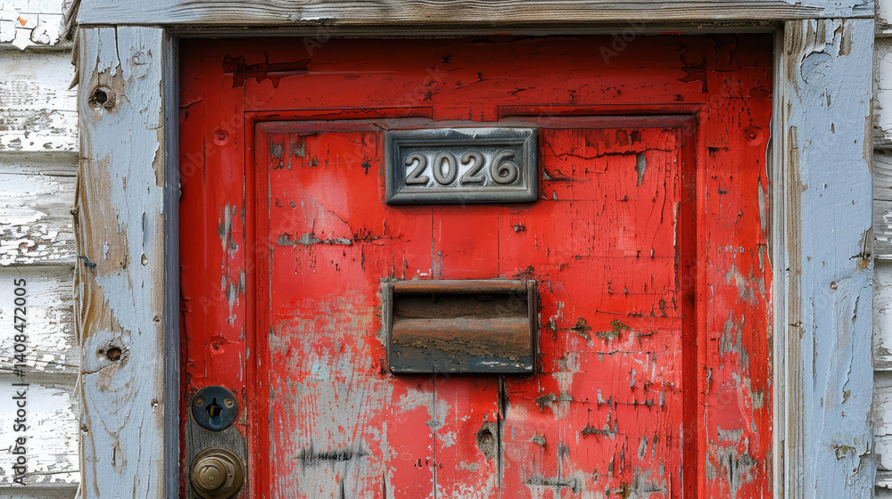 Naklejka premium Weathered Red Door, Numbered 2026, with Peeling Paint, an Old Mail Slot, Rustic Hardware.