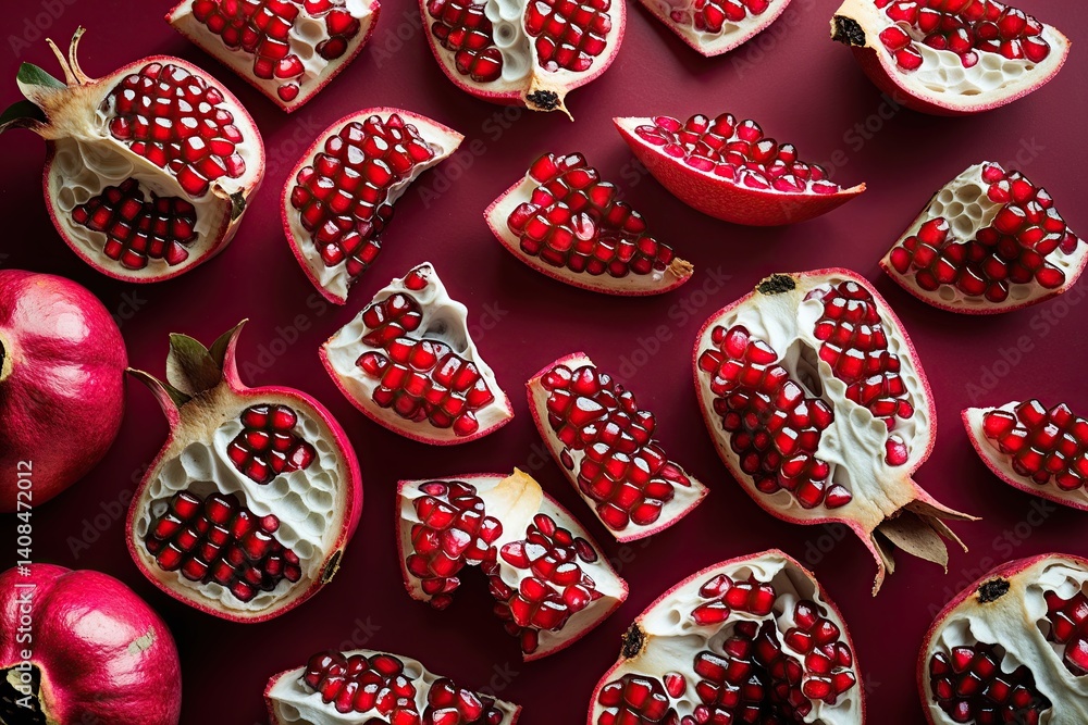 Fototapeta premium Vibrant Pomegranate Segments Against Lush Ruby Background Showcasing Juicy Tropical Elegance and Unique Texture