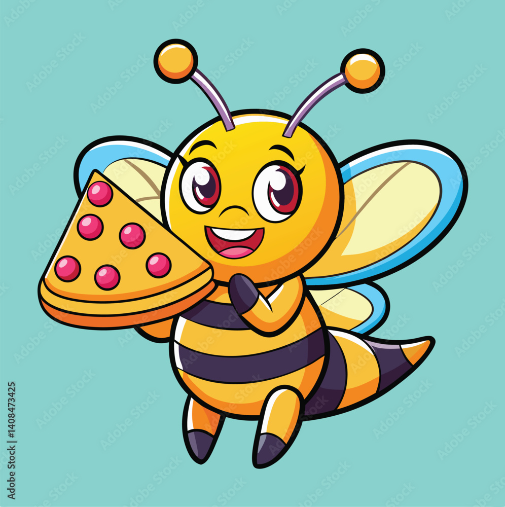 Fototapeta premium Cute Cartoon Bee Holding Pizza Slice On A Light Teal Background Art