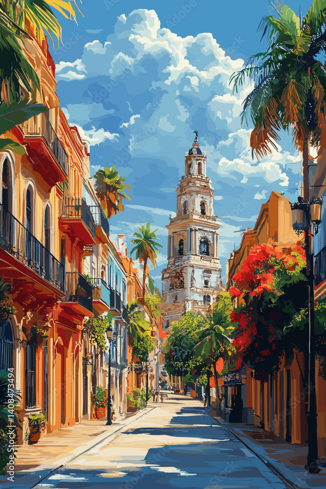 Naklejka premium Charming Mediterranean street with colorful buildings, palm trees, flowers, and a bell tower under a bright sky, illustrated in a vibrant and sunny vector style