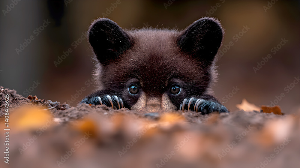 Obraz premium A baby bear is looking at the camera