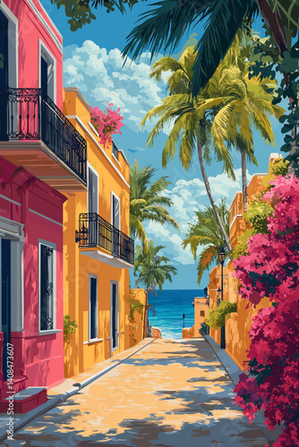 Colorful Mediterranean alley with vibrant houses, palm trees, flowers, and ocean view under a bright sky, illustrated in a warm and tropical vector style