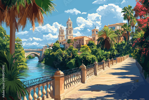 Scenic riverside promenade with lush greenery, palm trees, historic architecture, and a stone bridge under a bright blue sky in a colorful Mediterranean vector style