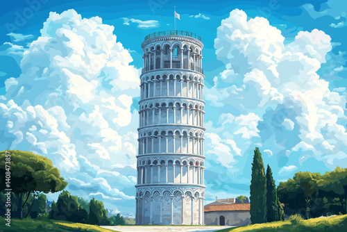 Vector illustration of the Leaning Tower of Pisa on a bright day with blue sky, white clouds, and surrounding architecture in a scenic and vibrant Italian setting