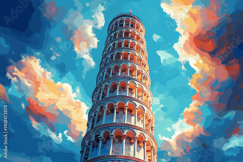 Dramatic low-angle vector illustration of the Leaning Tower of Pisa with a colorful sky at sunset, emphasizing its iconic tilt and architectural details