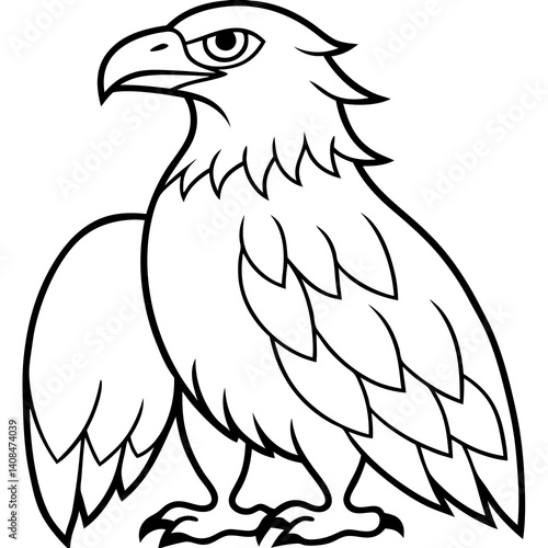 A eagle depicted in a black and white line art style. The eagle is shown in profile view, facing to its right, with its head and upper body visible. Its beak and eye are clearly defined.Generative ai.