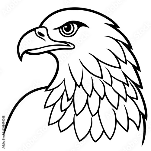 A eagle depicted in a black and white line art style. The eagle is shown in profile view, facing to its right, with its head and upper body visible. Its beak and eye are clearly defined.Generative ai.