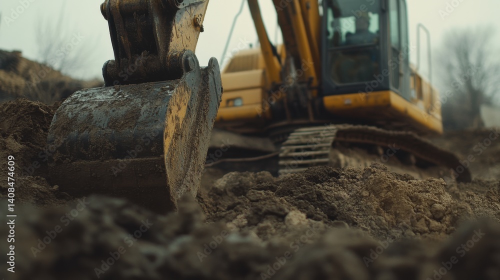 Fototapeta premium Heavy machinery operator using an excavator to dig a foundation. Featuring control and focus