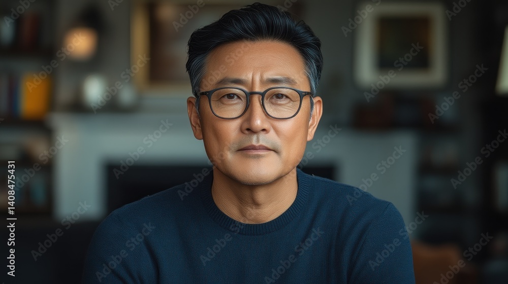 Middleaged man with glasses wearing a navy sweater exuding professionalism and wisdom in a c Middleaged man with glasses wearing a navy sweater exuding professionalism and wisdom in a c
