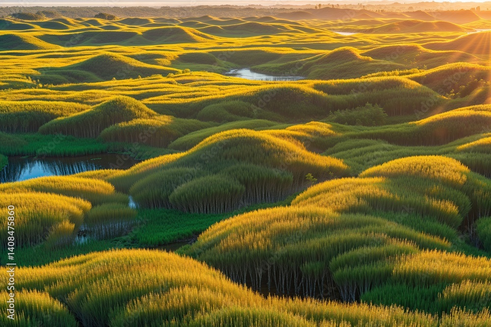 Fototapeta premium Cypress Needles Glowing in Morning Light Over Lush Wetland Landscape