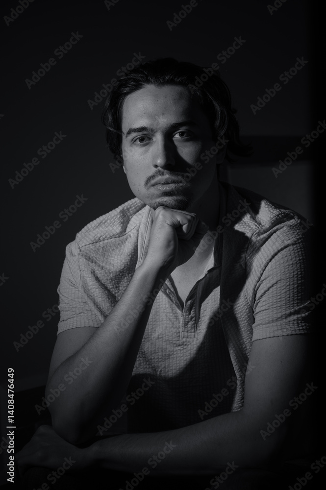 Thoughtful expression captured in shades of shadow and light focusing on an intriguing individual in a minimalist setting