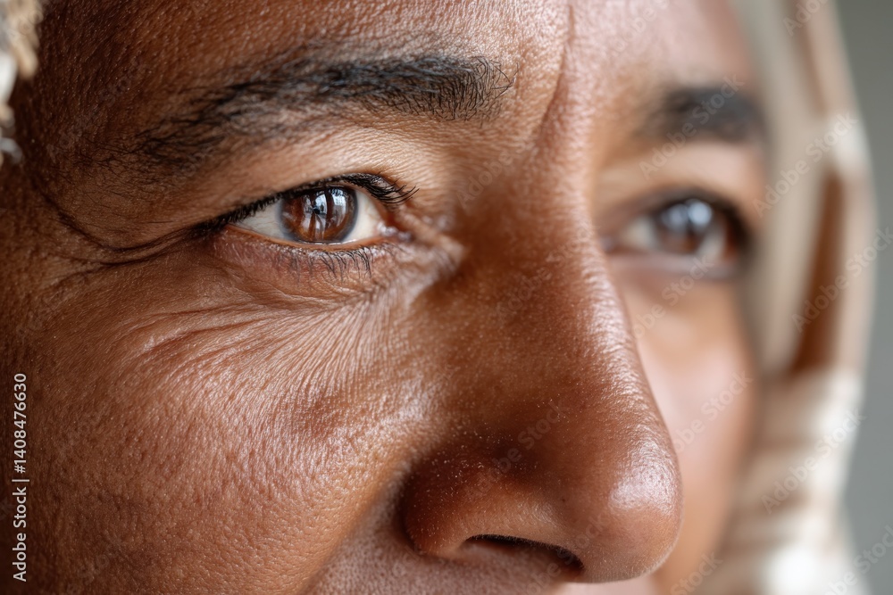 Fototapeta premium This close-up image captures the intricate details of a person's eyes, conveying depth and emotion while showcasing the natural beauty and texture of skin and expression.