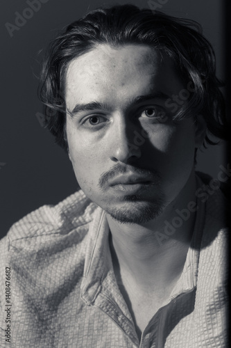 Portrait of a contemplative young man in soft shadows showcasing introspection and depth during a quiet evening indoors