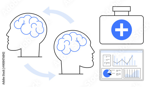 Two human heads with brain illustrations connected by arrows, a medical kit with a cross, and a data analytics dashboard. Ideal for healthcare, neuroscience, mental health, innovation, science