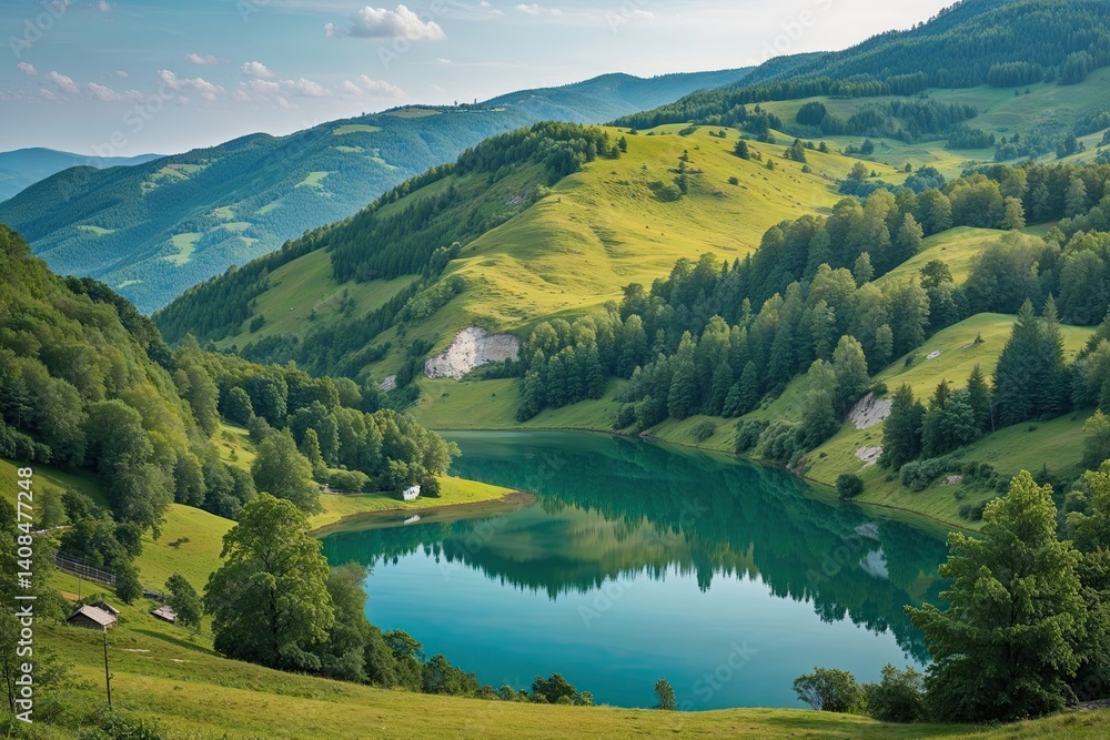 Hidden Mountain Lake in Czechia Surrounded by Lush Green Hills Hidden Mountain Lake in Czechia Surrounded by Lush Green Hills