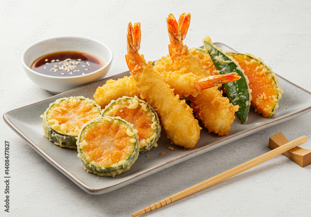 Traditional Japanese tempura dish with shrimp and assorted vegetables, served with dipping sauce, wasabi, and chopsticks. Concept of Asian cuisine and gourmet Japanese food. Traditional Japanese tempura dish with shrimp and assorted vegetables, served with dipping sauce, wasabi, and chopsticks. Concept of Asian cuisine and gourmet Japanese food.