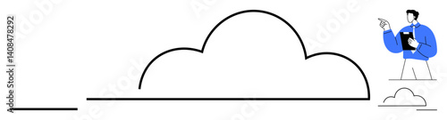 Person holding clipboard pointing at large cloud shape outline, introducing cloud system. Ideal for technology, innovation, cloud computing, data storage, IT services, digital transformation