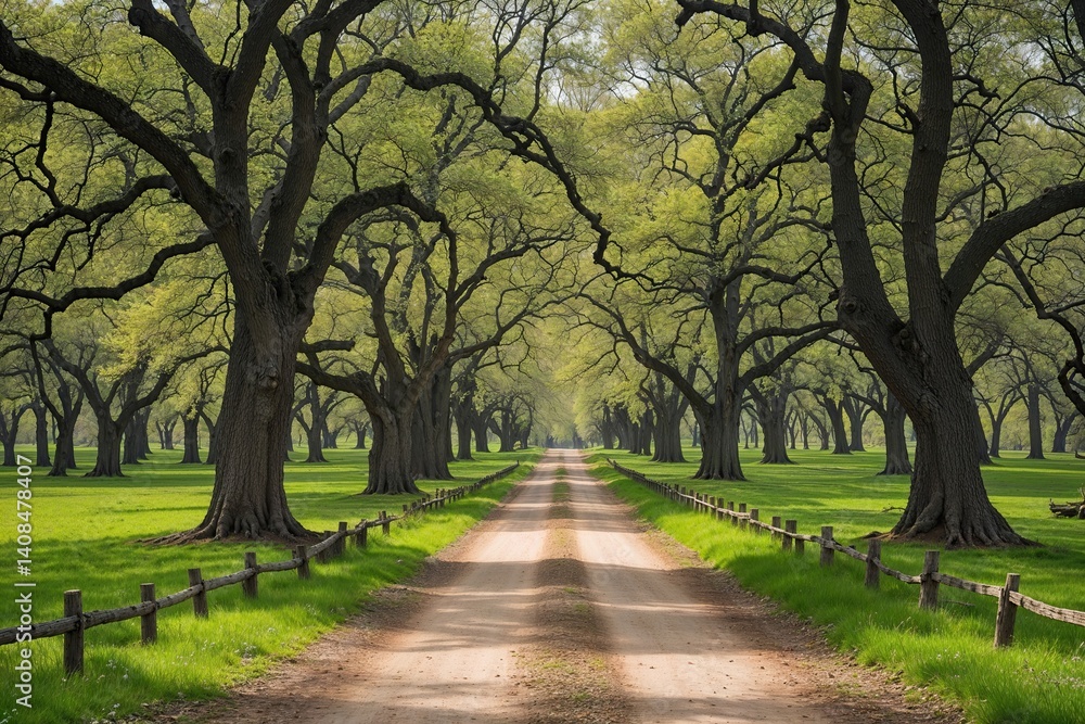 Naklejka premium Scenic Hiking in a Picturesque Oak Grove During Spring in the Countryside
