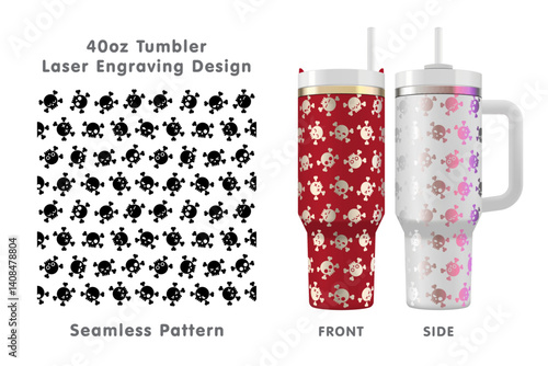Funny skulls tileable pattern. Seamless laser engraving design for 40oz tumbler. Full tumbler wrap. Vector illustration.