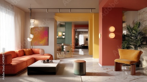 Modern living space with color zoning and mixed textures 